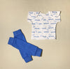 NICU Friendly deep blue leg warmers preemie baby with NICU Friendly Miracle Blue t-shirt