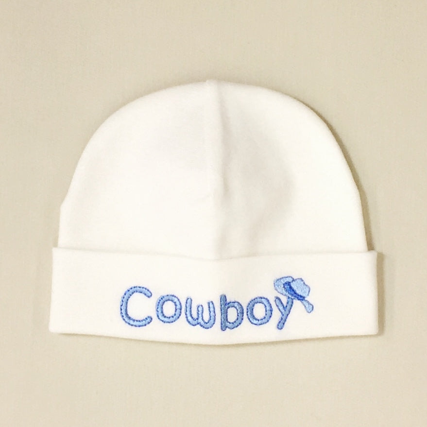 Cowboy embroidered baby hat in cream Made in Canada