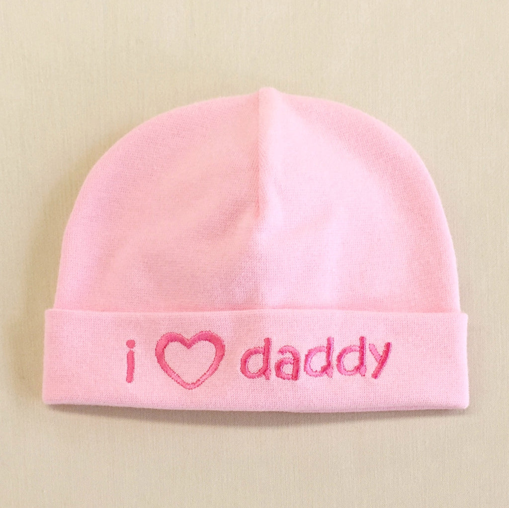 I Love Daddy embroidered baby hat in pink Made in Canada