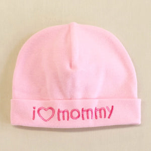 I Love Mommy embroidered baby hat in Pink Made in Canada