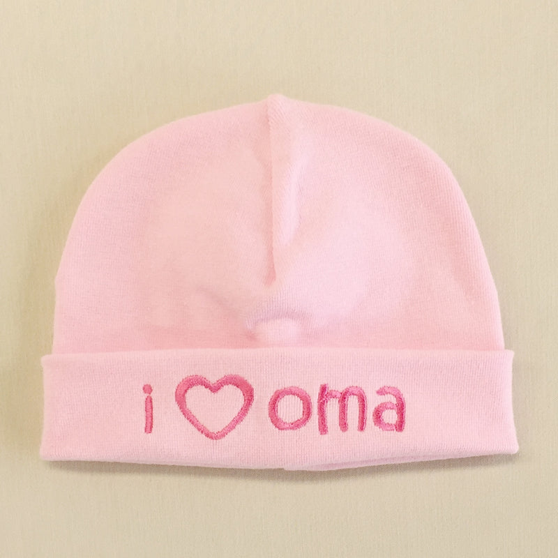 I Love Oma embroidered baby hat in pink Made in Canada
