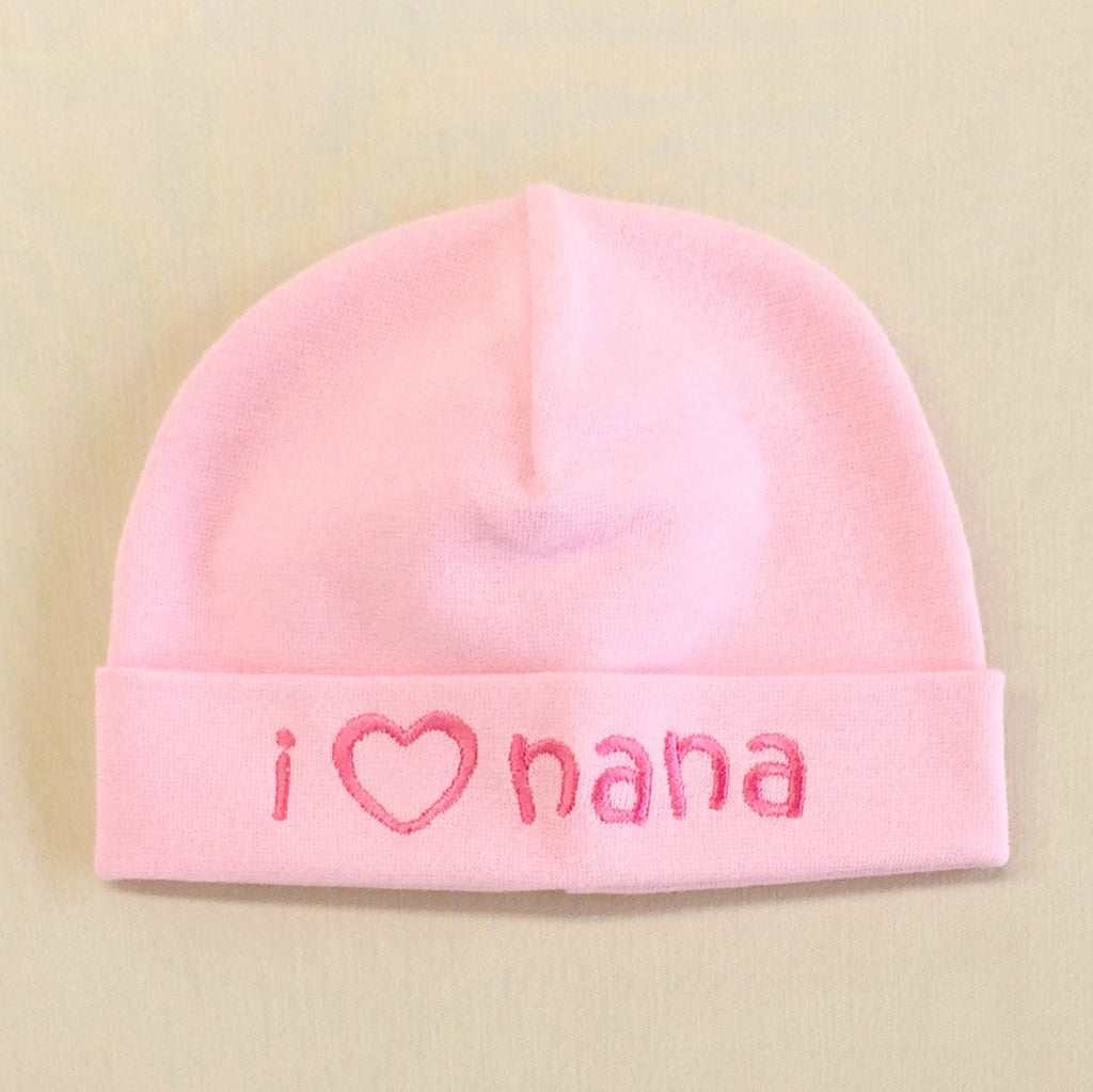 I Love Nana embroidered baby hat in pink Made in Canada