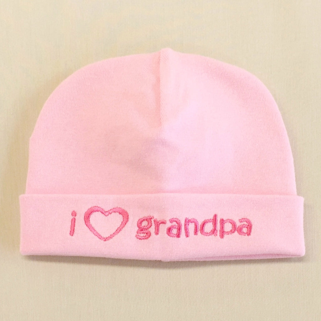 I Love Grandpa embroidered baby hat in pink Made in canada