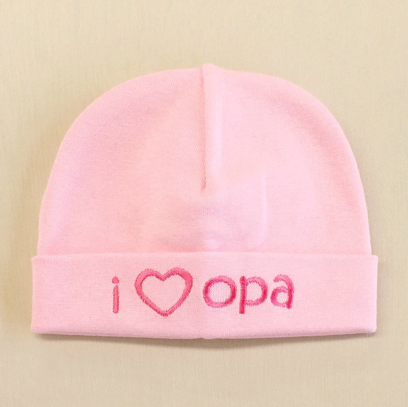 I Love Opa embroidered baby hat in pink Made in Canada