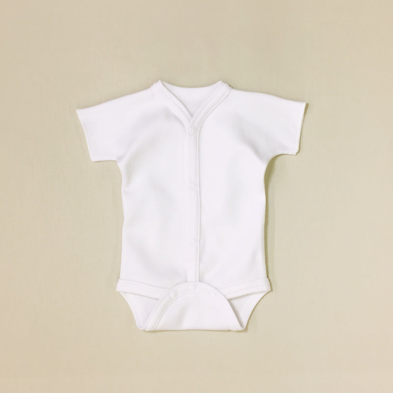 Front snap opening white baby bodysuit