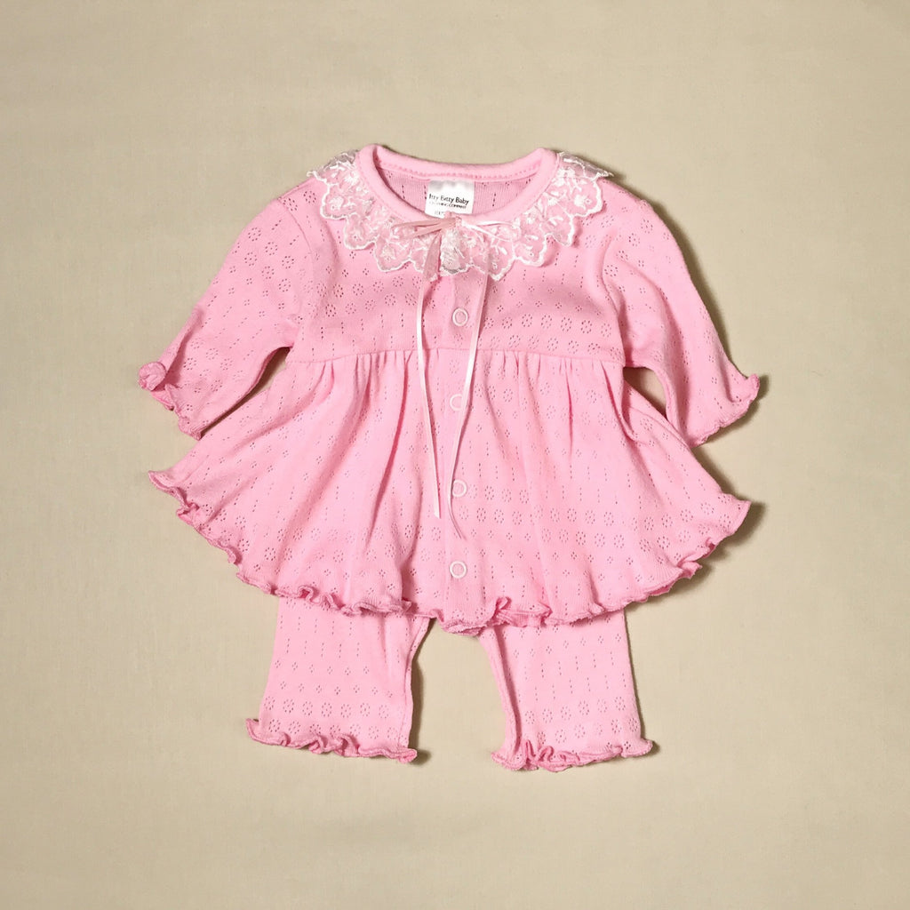 Organic pointelle cotton Pink Ruffle Dress & Pant Set baby girl Made in Canada