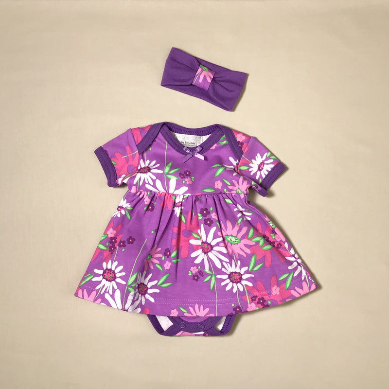 purple wildflower print baby girl summer bodysuit dress headband set.