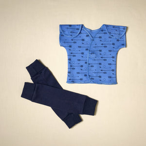 NICU Friendly navy leg warmers preemie baby with NICU Friendly Deep Blue Arrows t-shirt
