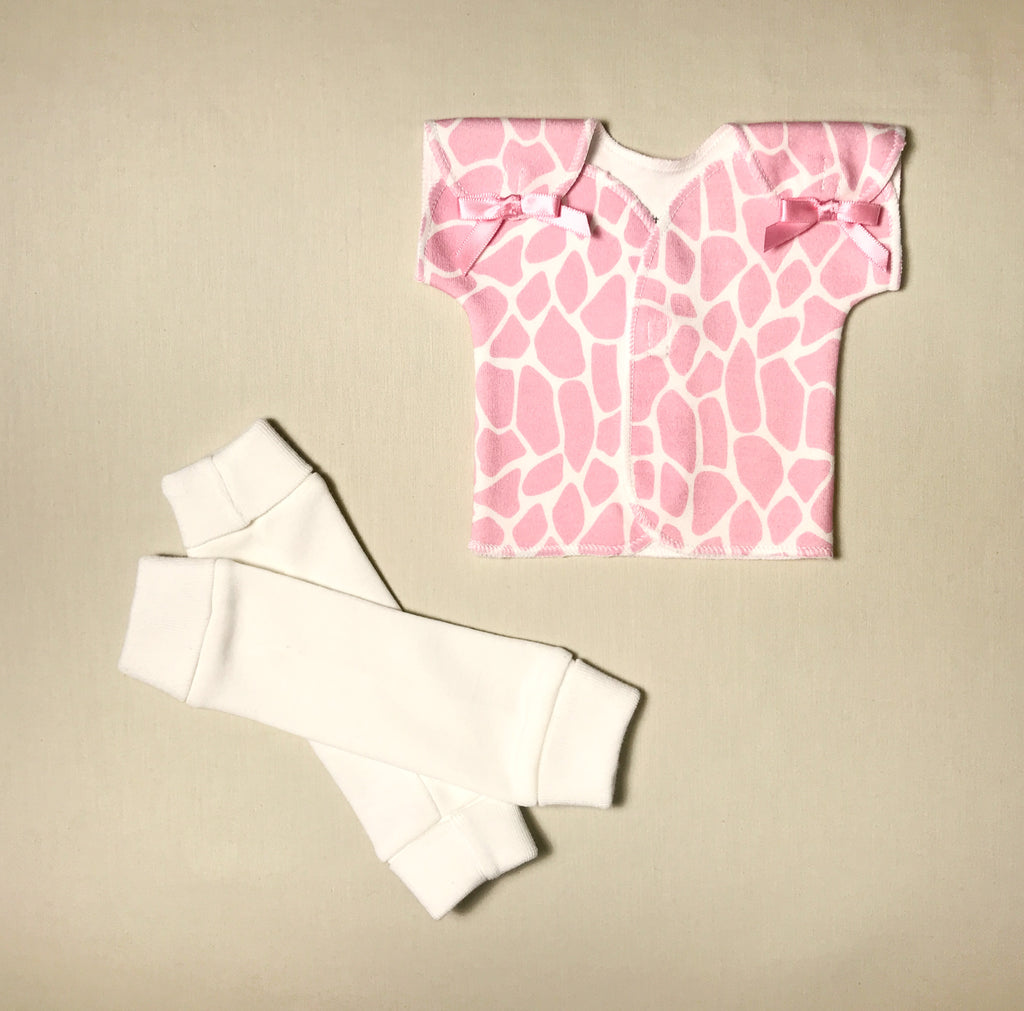 NICU Friendly cream leg warmers preemie baby infant clothing with Pink Giraffe NICU t-shirt