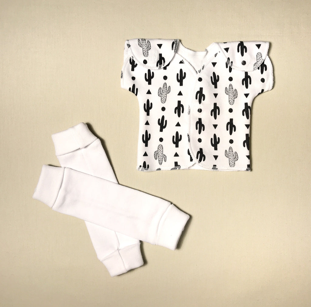 NICU Friendly white leg warmers preemie baby infant clothing with White Cactus NICU t-shirt