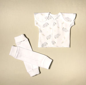NICU Friendly white leg warmers preemie baby infant clothing with Happy Hippo NICU t-shirt