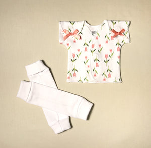 NICU Friendly white leg warmers preemie baby infant clothing with Tulips NICU t-shirt