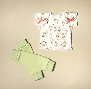 NICU Friendly green leg warmers preemie baby with NICU Friendly Tulips t-shirt