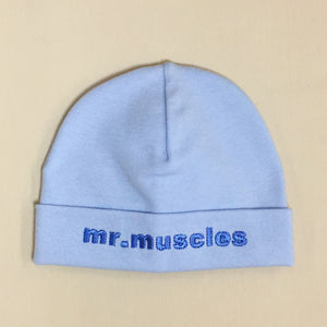 Mr Muscles embroidered baby hat in blue Made in Canada