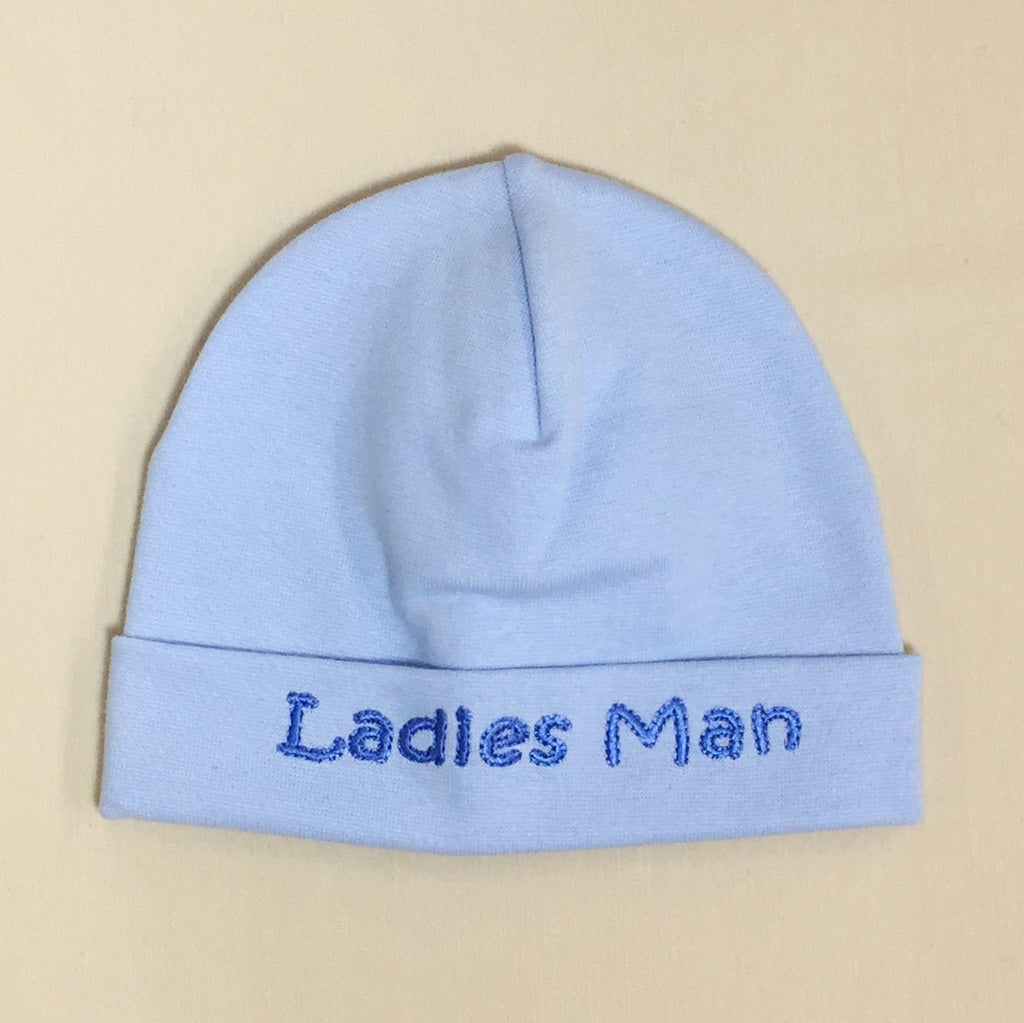 Ladies Man embroidered baby hat in blue Made in Canada