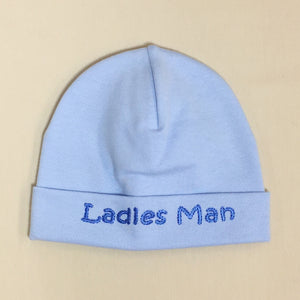 Ladies Man embroidered baby hat in blue Made in Canada