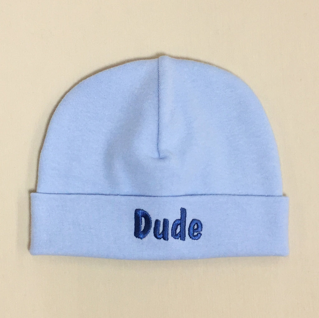 Dude embroidered baby hat in blue Made in Canada