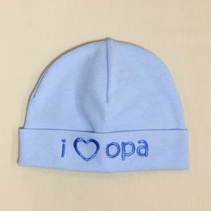 I Love Opa embroidered baby hat in blue Made in Canada