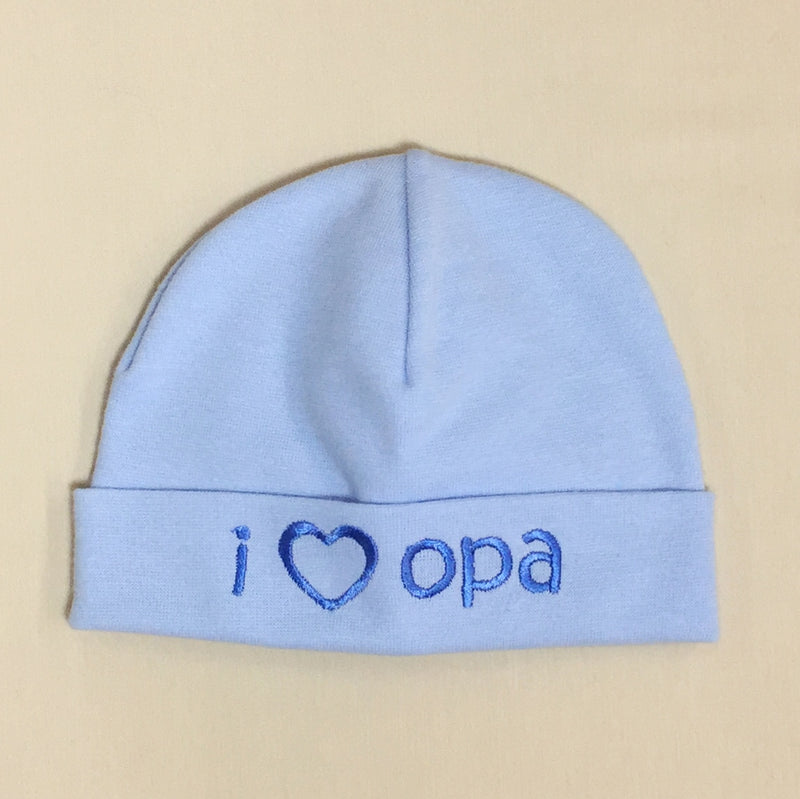 I Love Opa embroidered baby hat in blue Made in Canada