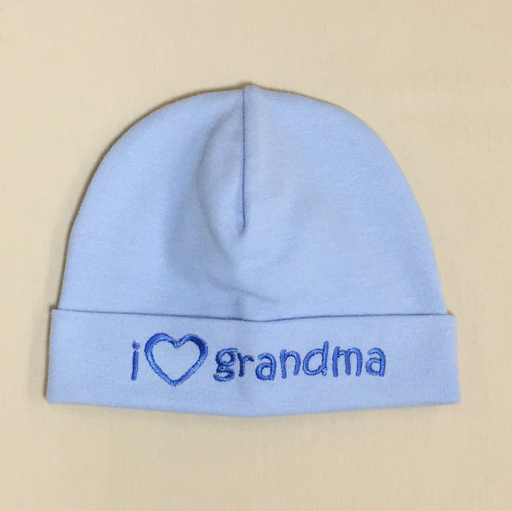 I Love Grandma embroidered baby hat in blue Made in Canada