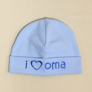 I Love Oma embroidered baby hat in blue Made in Canada