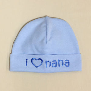 I Love Nana embroidered baby hat in blue Made in Canada