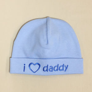 I Love Daddy embroidered baby hat in blue Made in Canada