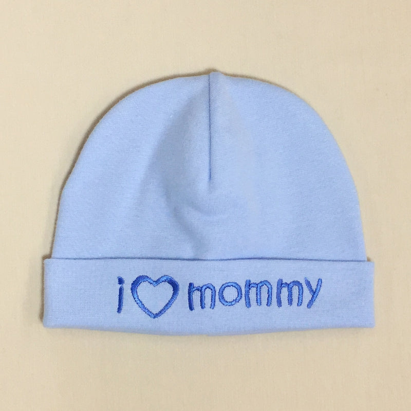 I Love Mommy embroidered baby hat in blue made in Canada