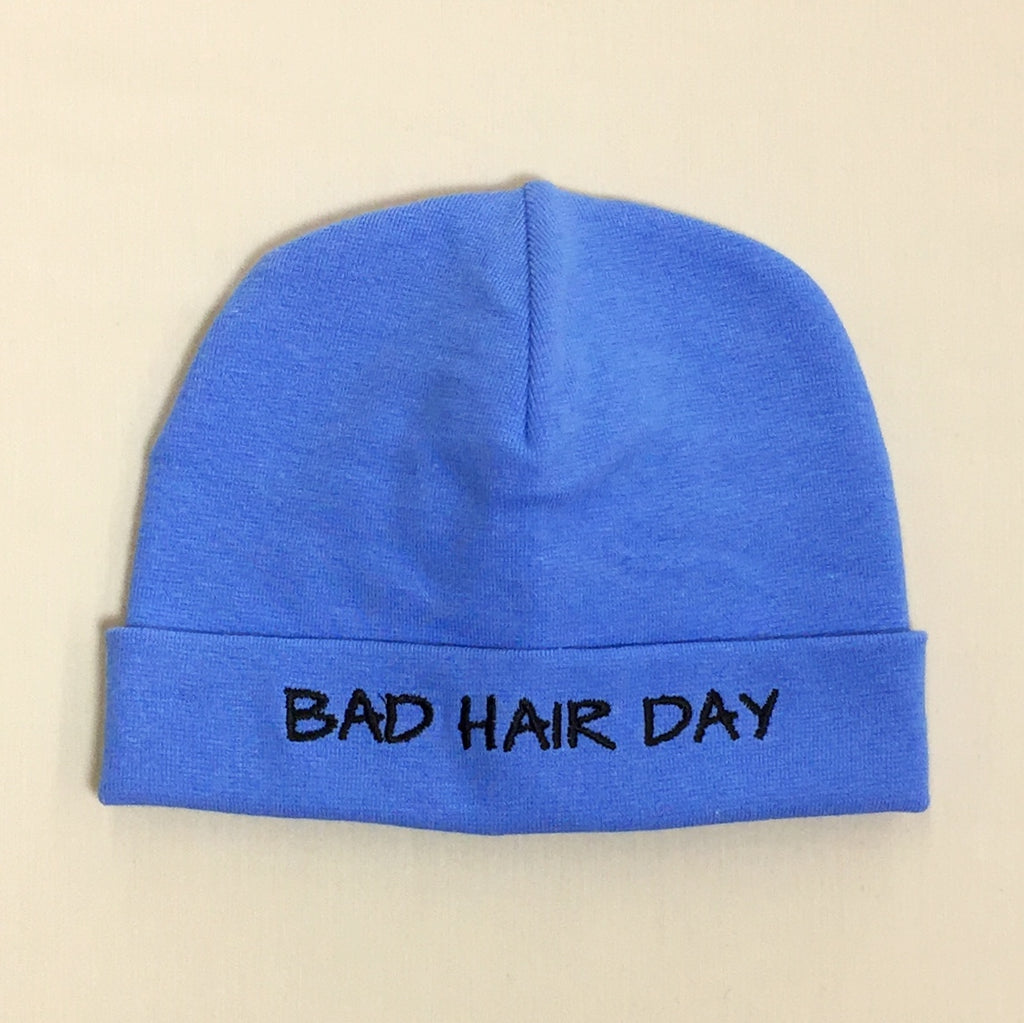 Bad Hair Day embroidered baby hat in Deep Blue made in Canada
