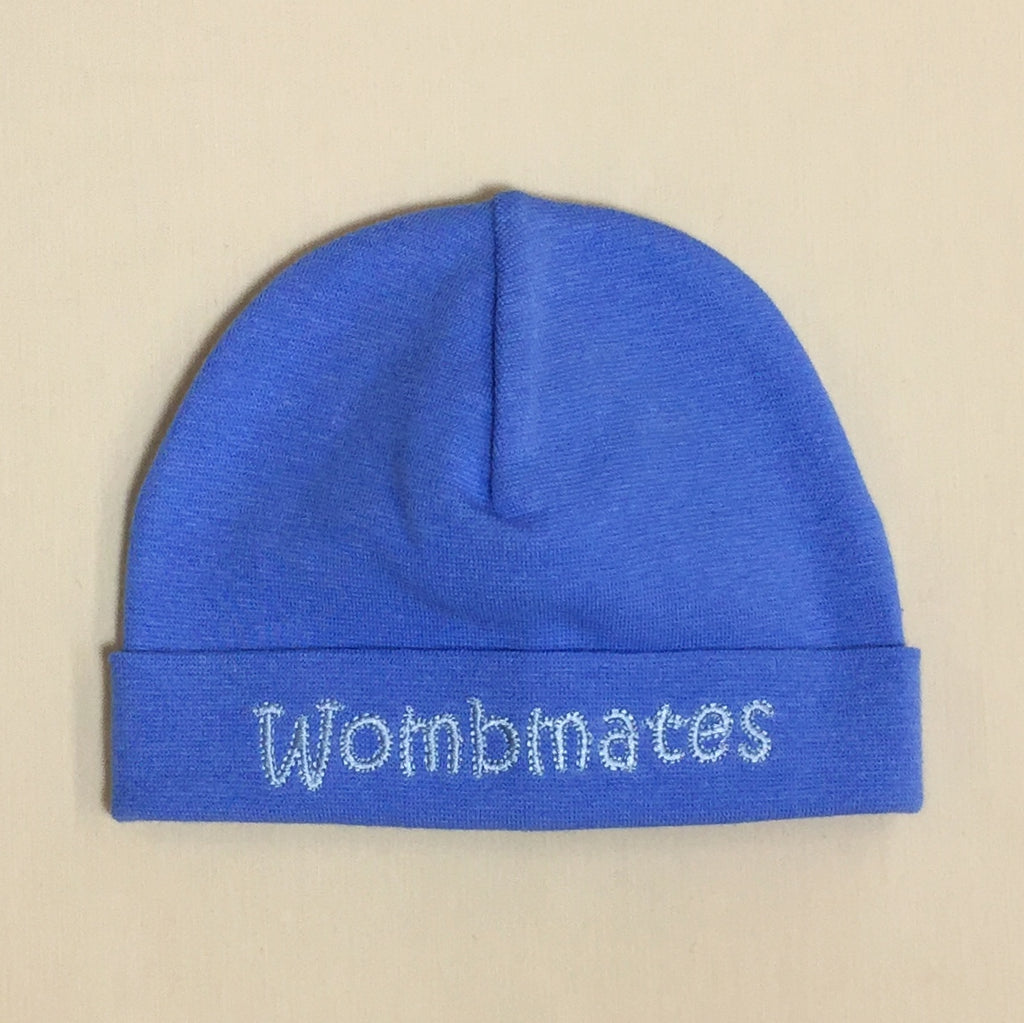 Wombmates embroidered baby hat in Deep Blue Made in Canada