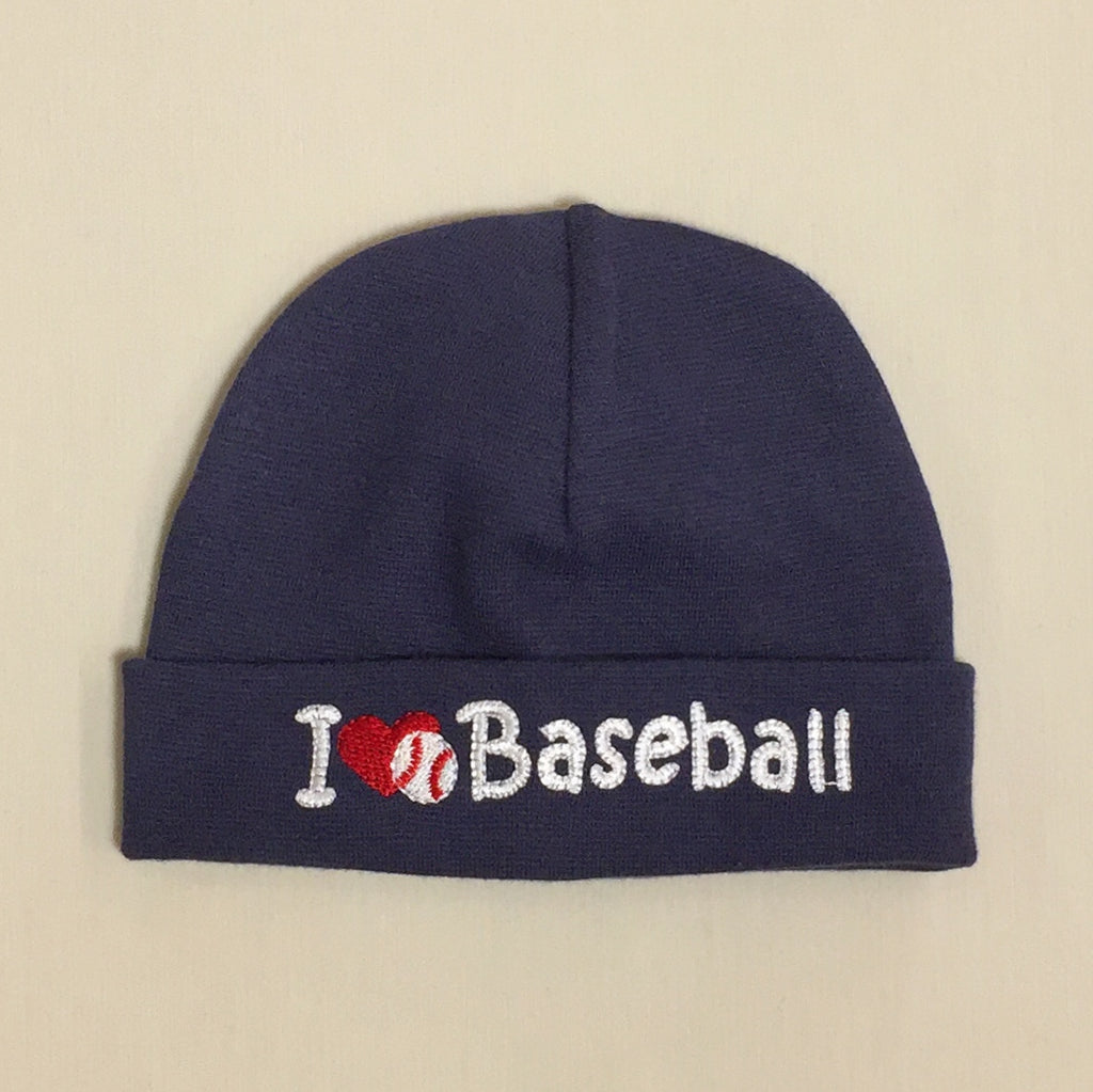 I Love Baseball embroidered baby hat in navy Made in Canada
