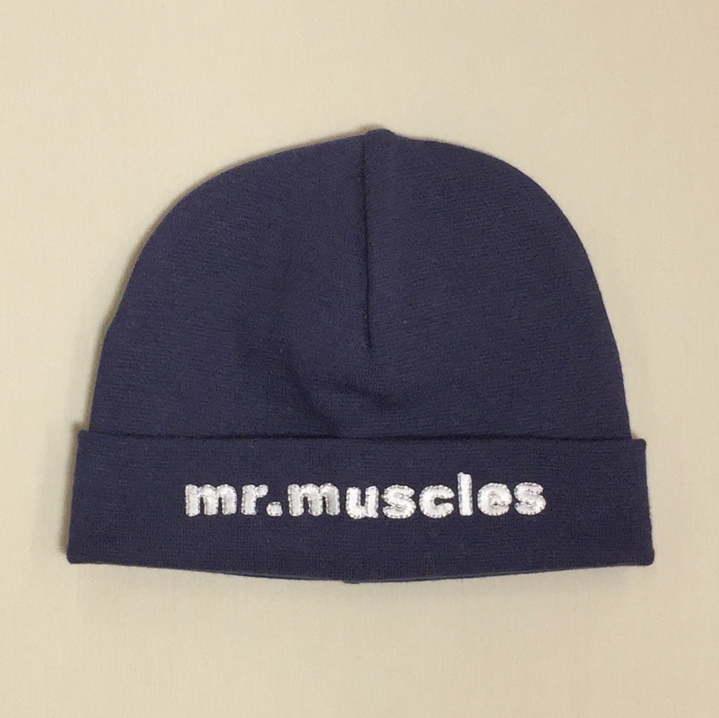 Mr Muscles embroidered baby hat in Navy Made in Canada