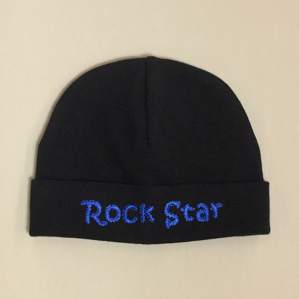 Rock Star embroidered baby hat in Black Deep Blue Made in Canada