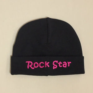 Rock Star embroidered baby hat in Black Fuchsia Made in Canada