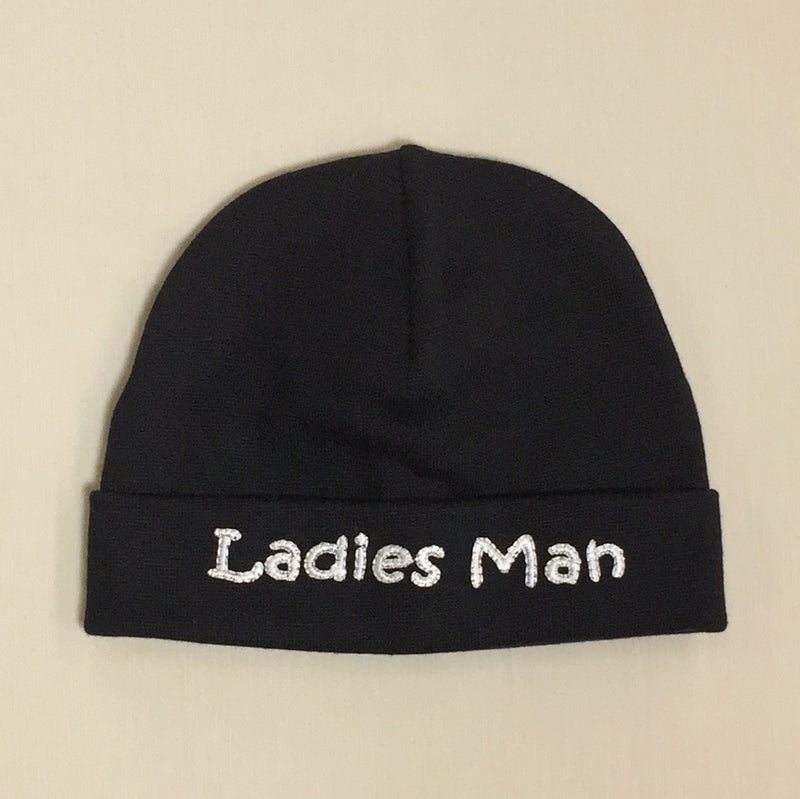 Ladies Man embroidered baby hat in black Made in Canada