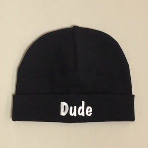 Dude embroidered baby hat in black Made in Canada