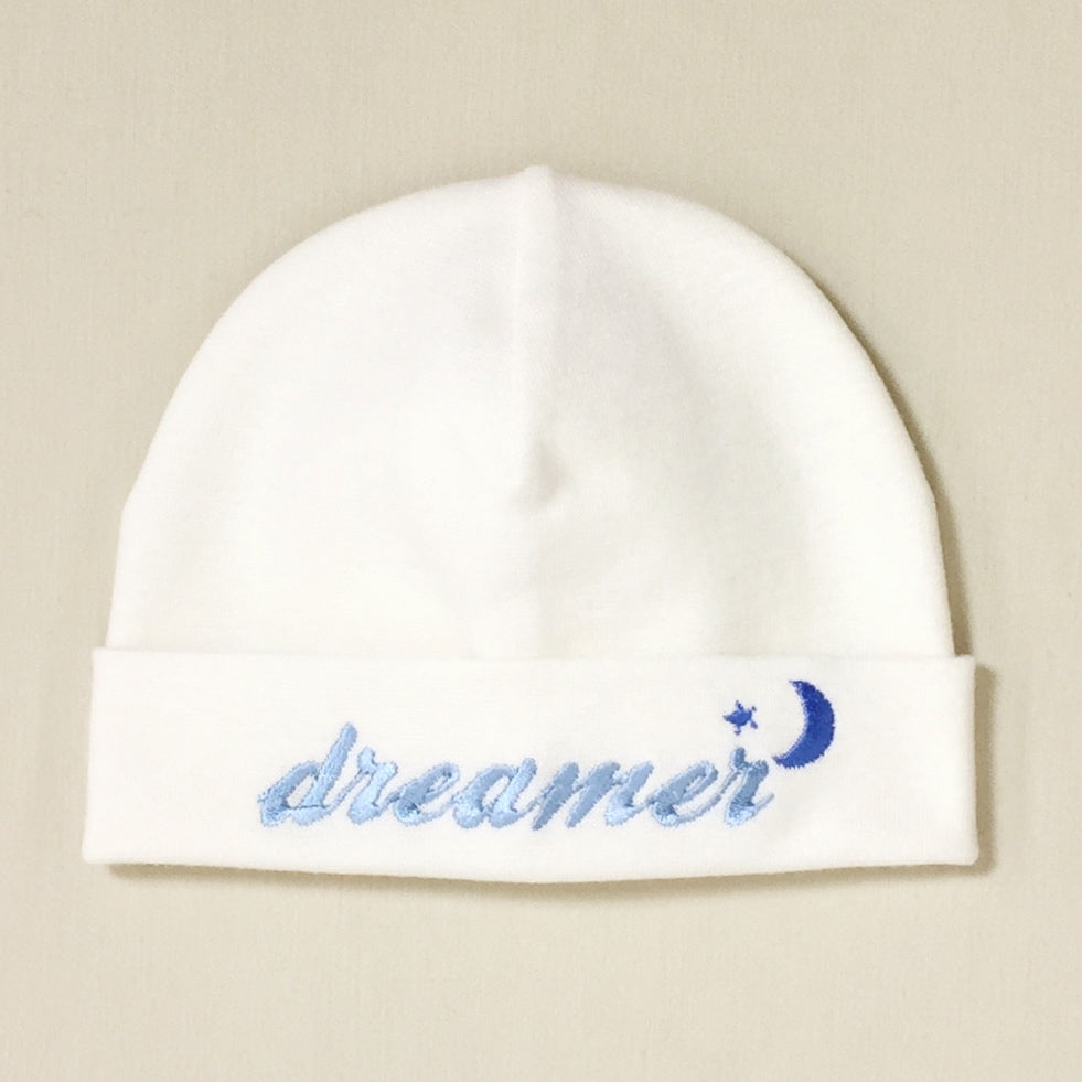 Dreamer embroidered baby hat in blue Made in Canada