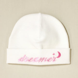 Dreamer embroidered baby hat in pink Made in Canada