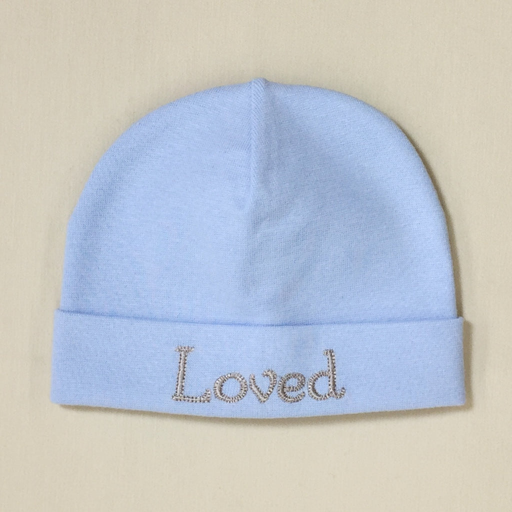 Loved embroidered baby hat in blue Made in Canada