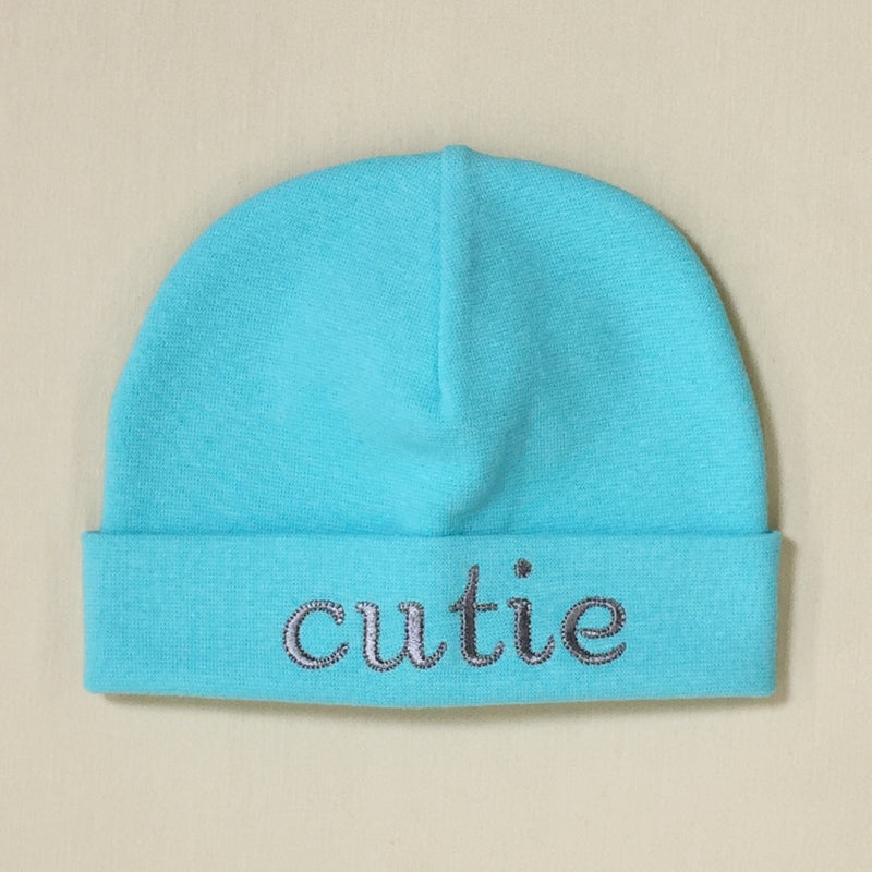 Cutie embroidered baby hat in Turquoise Made in Canada