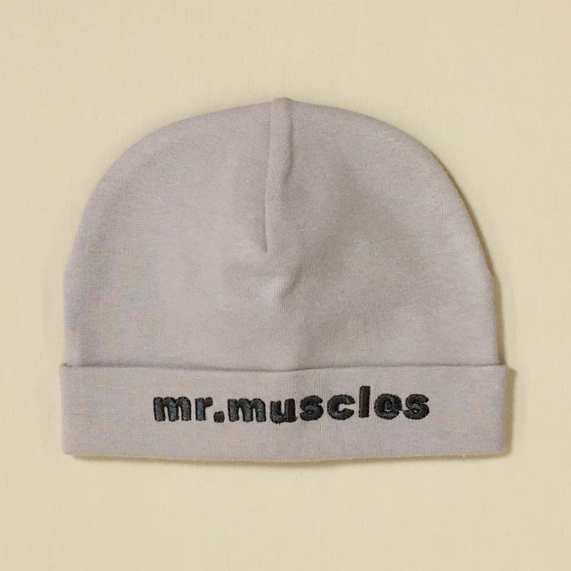 Mr Muscles embroidered baby hat in silver Made in Canada