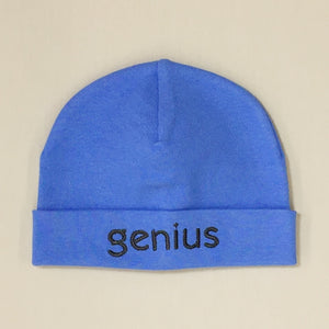Genius embroidered baby hat in Deep Blue Made in Canada