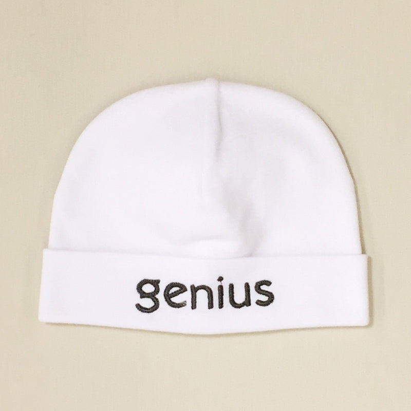 Genius embroidered baby hat in white Made in Canada