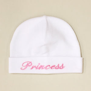 Princess embroidered baby hat in white pink Made in Canada