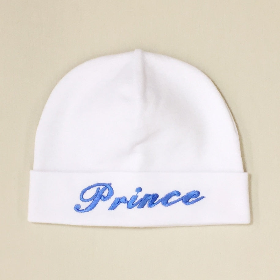 Prince embroidered baby hat in white Made in Canada
