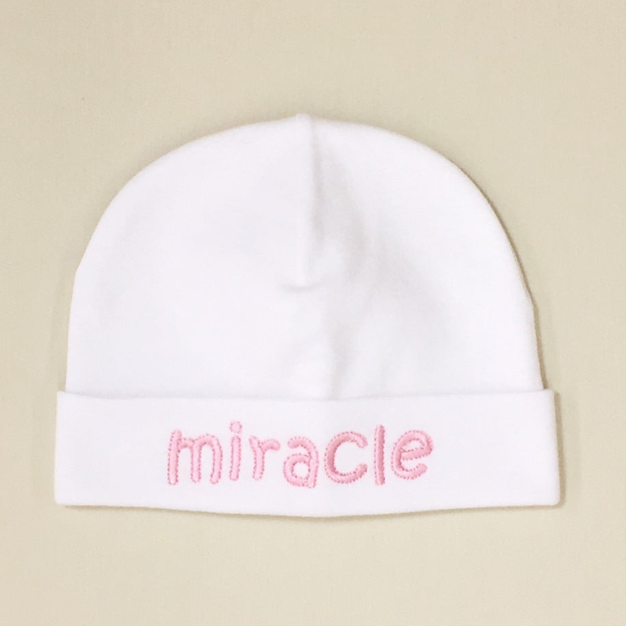 Miracle embroidered baby hat in pink Made in Canada