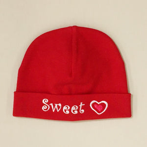 Sweet Heart embroidered baby hat in red Made in Canada