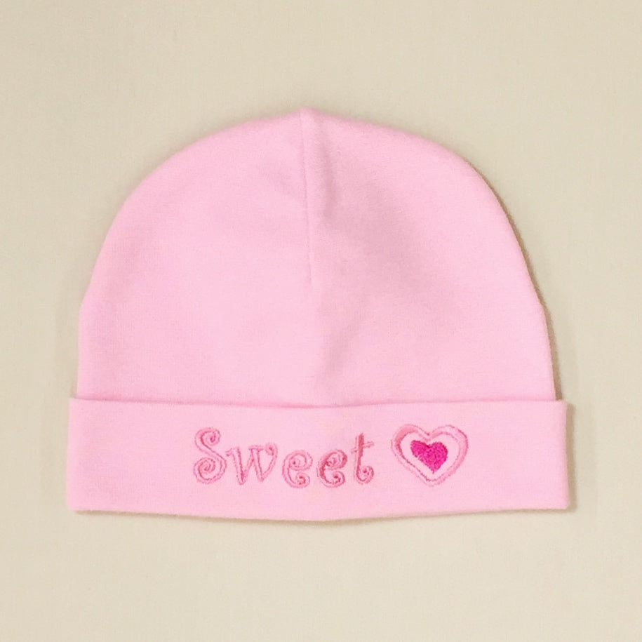 Sweet Heart embroidered baby hat in pink Made in Canada