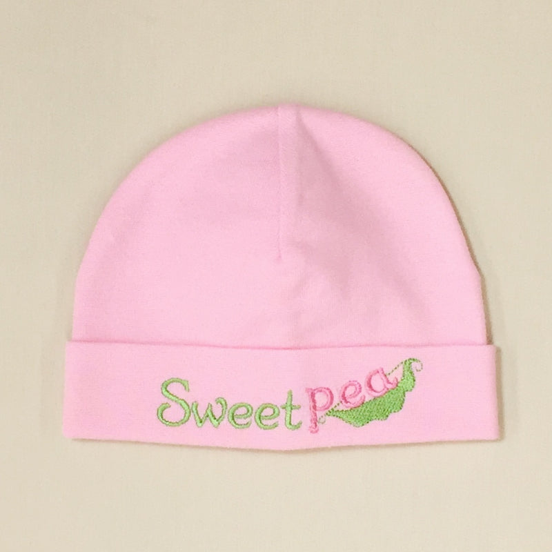 Sweet Pea embroidered baby hat in pink Made in Canada
