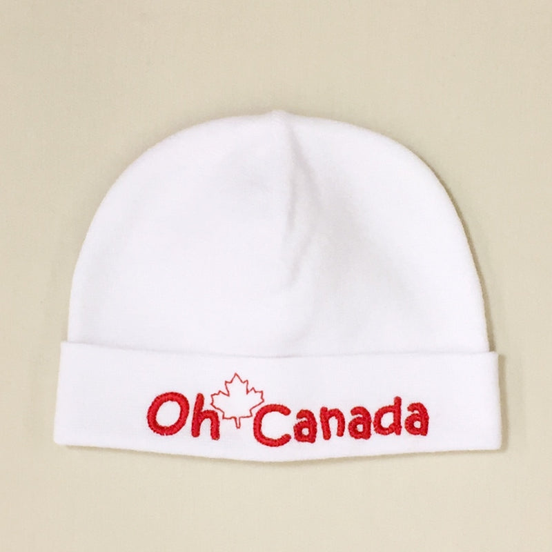 Oh Canada embroidered baby Hat in White Made In Canada